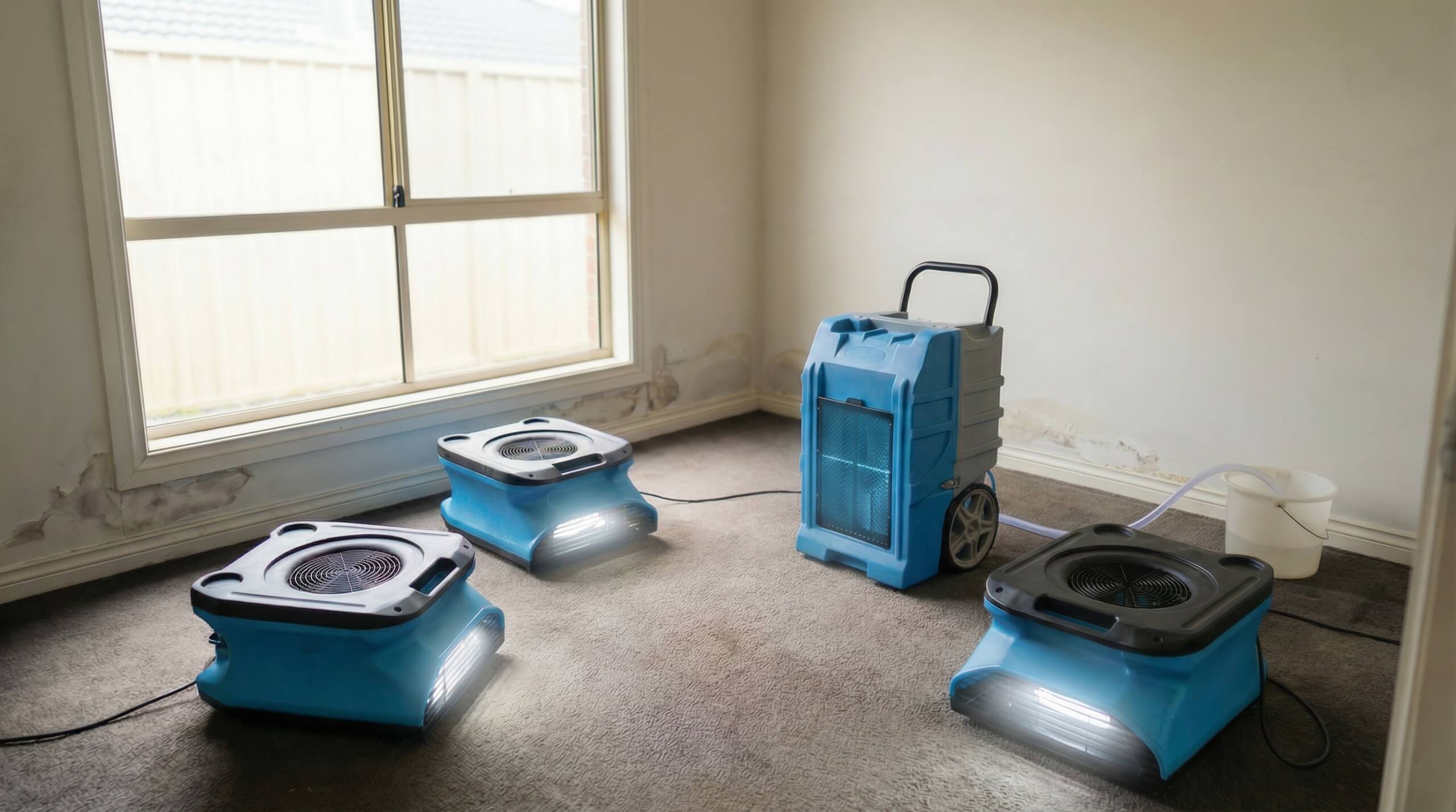 Air movers and dehumidifiers drying a Dallas home after water damage