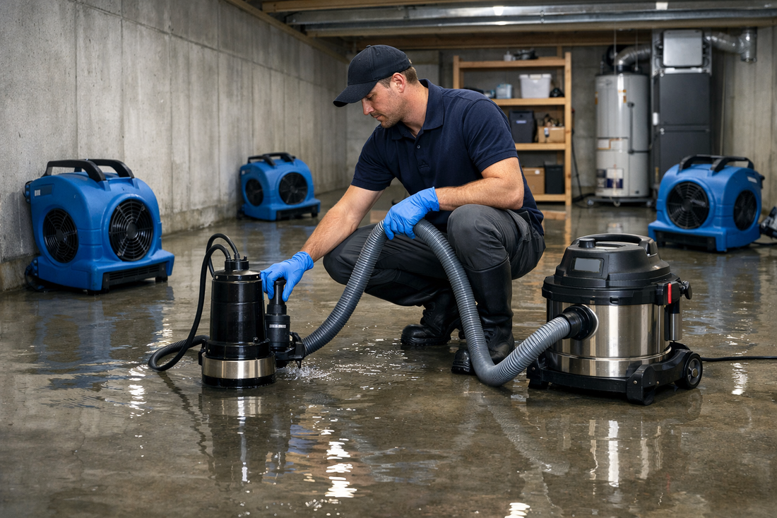 Standing water being cleaned up after flooding in a Dallas home