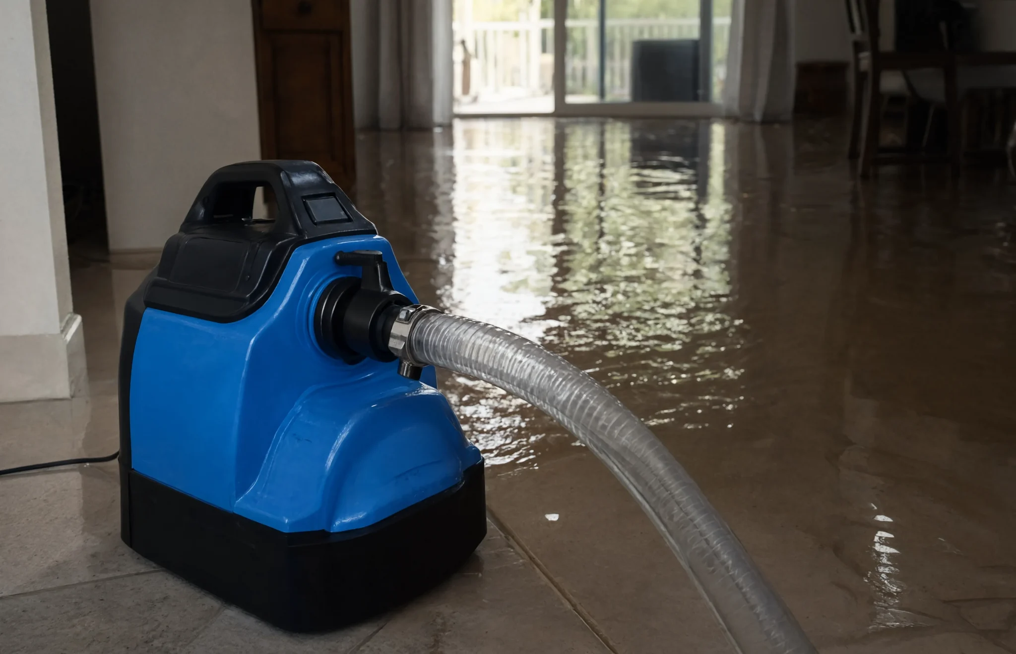 Water extraction equipment removing standing water from a tile floor in Dallas