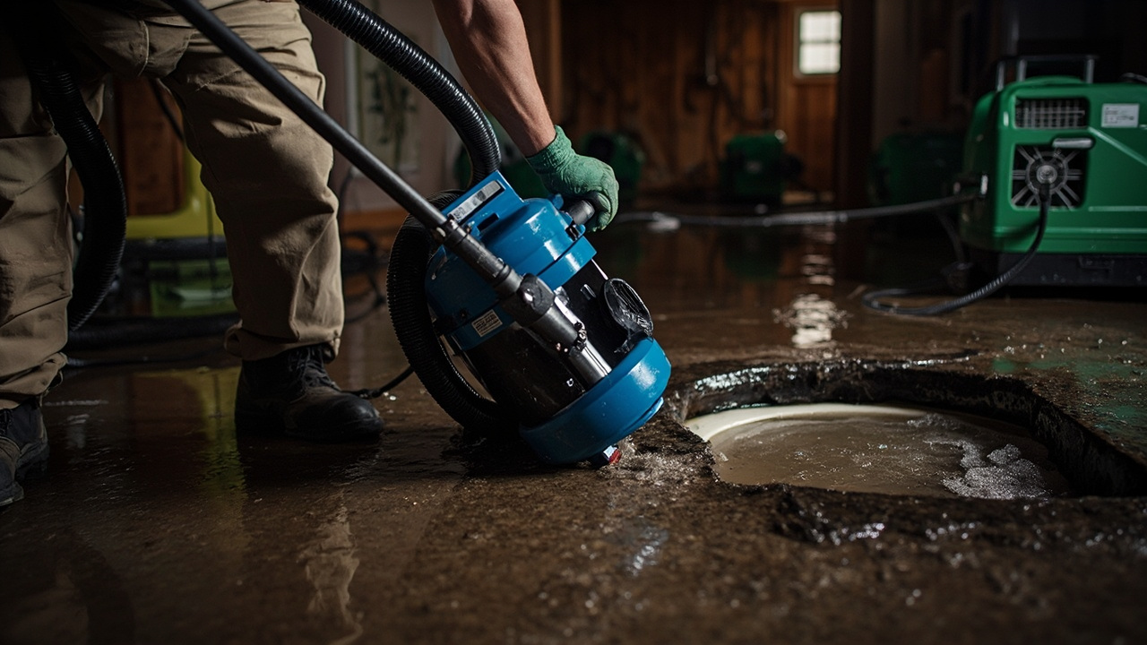Sump pump removing floodwater during water damage cleanup