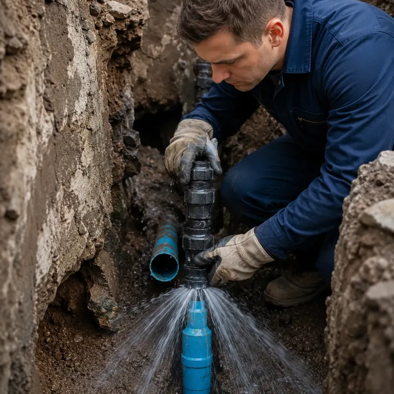 Technician repairing a burst pipe inside a Dallas home wall