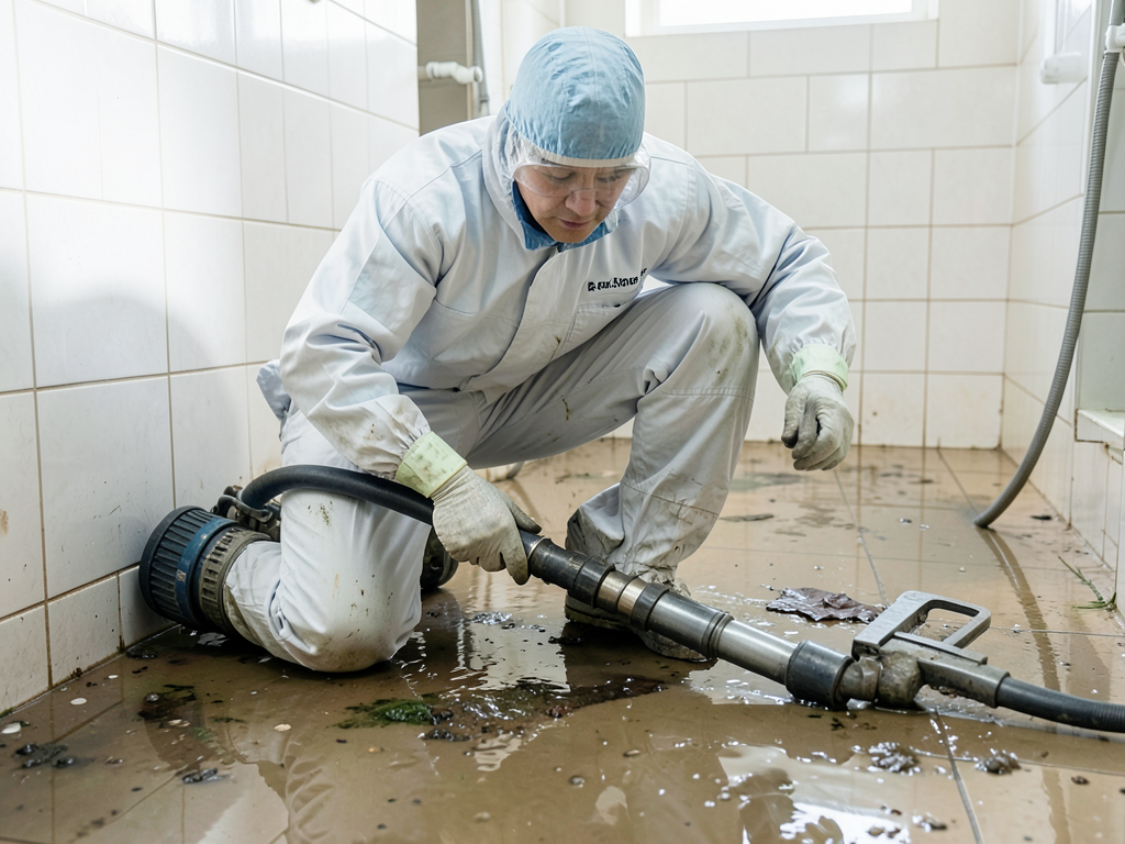 Technician in protective gear during sewage backup cleanup