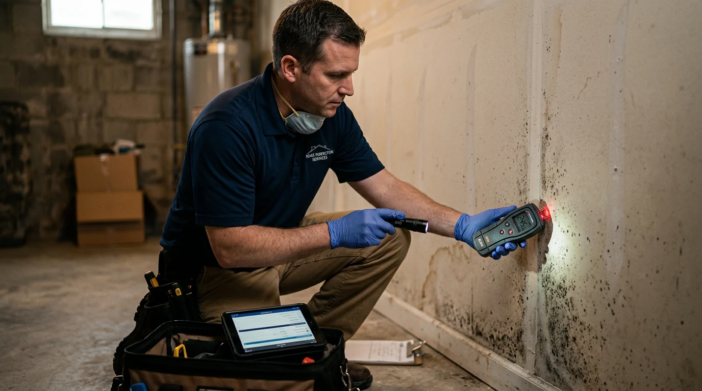 Professional inspecting a wall for hidden moisture and mold risk