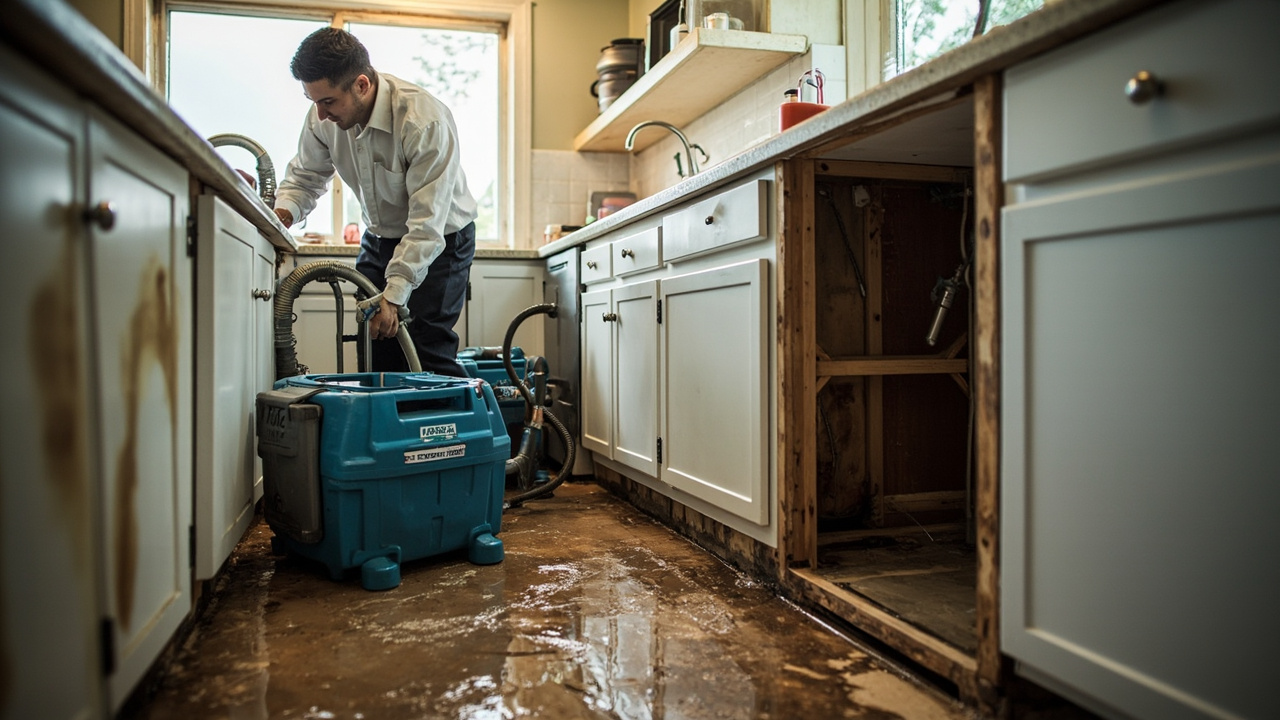 Technician documenting water damage repairs for insurance records